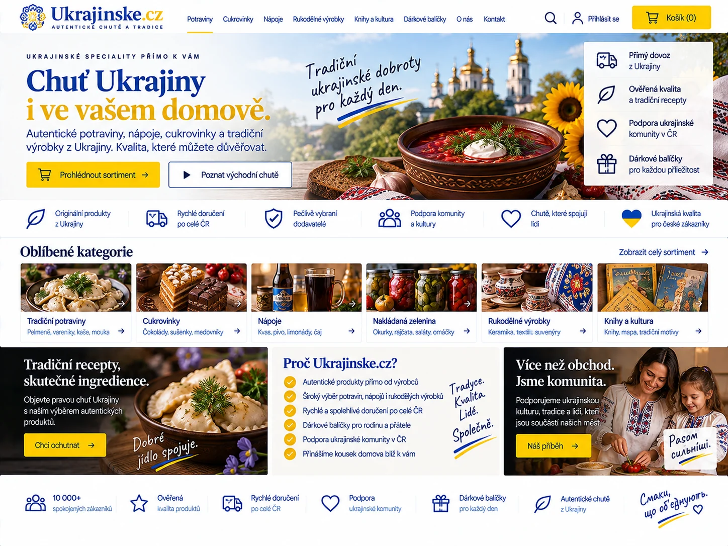 Ilustrační návrh Ukrajinske.cz jako obchodu a obsahového portálu s ukrajinskými potravinami, recepty a kulturní inspirací